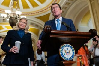 Sen. Bill Hagerty, a Tennessee Republican, speaks at a press conference with other members of the Senate Republican conference, following weekly policy luncheons, in Washington, DC on May 20, 2025.