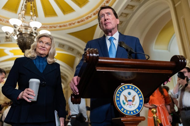 Sen. Bill Hagerty, a Tennessee Republican, speaks at a press conference with other members of the Senate Republican conference, following weekly policy luncheons, in Washington, DC on May 20, 2025.