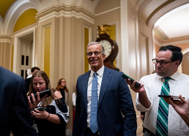 Senate Majority Leader John Thune walks to the Senate floor during overnight votes at the U.S. Capitol on July 1, 2025.