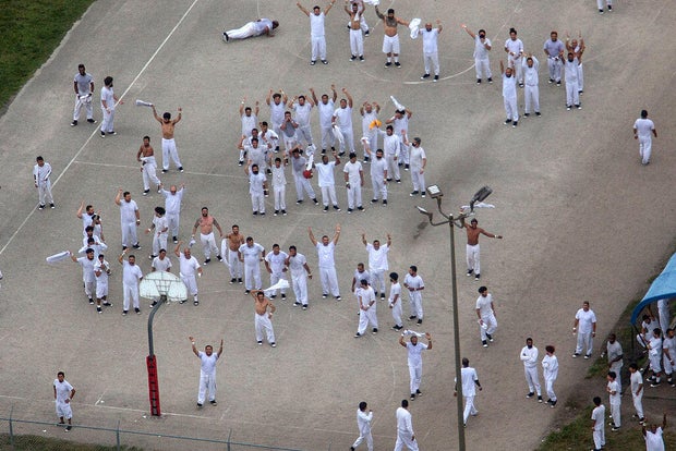 In an aerial view from a helicopter, detainees are seen at Krome Detention Center, run by Immigration and Customs Enforcement, on July 4, 2025 in Miami, Florida.