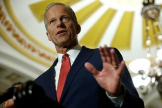 Senate Majority Leader John Thune speaks to the media following a Senate policy luncheon at the U.S. Capitol on September 09, 2025 in Washington, D.C.