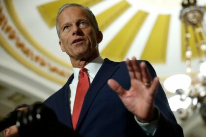 Senate Majority Leader John Thune speaks to the media following a Senate policy luncheon at the U.S. Capitol on September 09, 2025 in Washington, D.C.