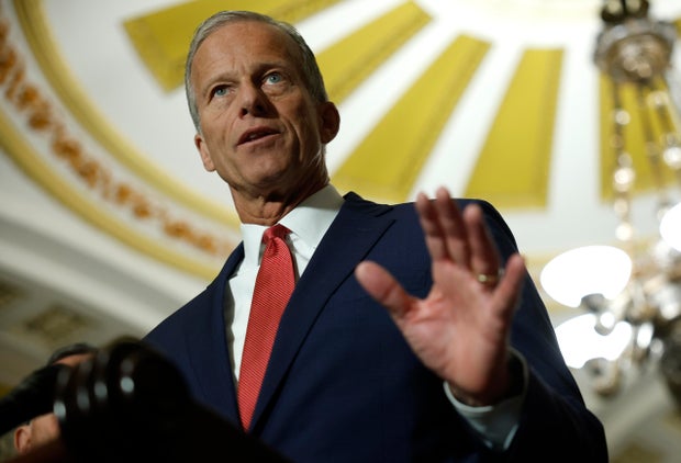 Senate Majority Leader John Thune speaks to the media following a Senate policy luncheon at the U.S. Capitol on September 09, 2025 in Washington, D.C.