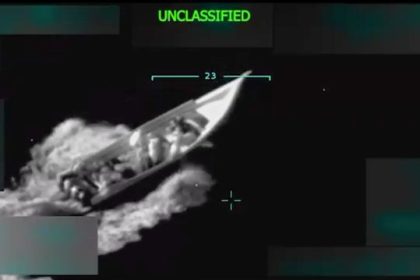 Image from video of a military strike on an alleged drug boat