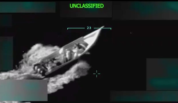 Image from video of a military strike on an alleged drug boat