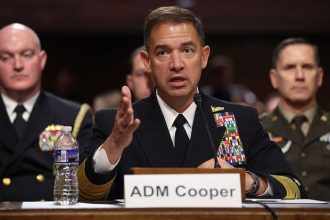 Navy Adm. Brad Cooper, commander of U.S. Central Command, testifies at a Senate Armed Services Committee hearing on Capitol Hill in Washington, D.C., on May 14, 2026.